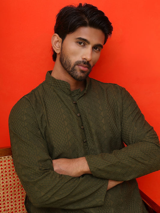 Men’s Olive Green Chikankari Kurta – Geometric Embroidery, Pure Cotton