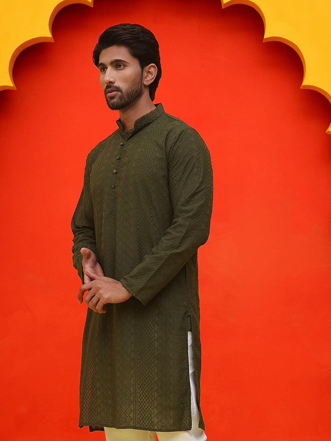 Men’s Olive Green Chikankari Kurta – Geometric Embroidery, Pure Cotton