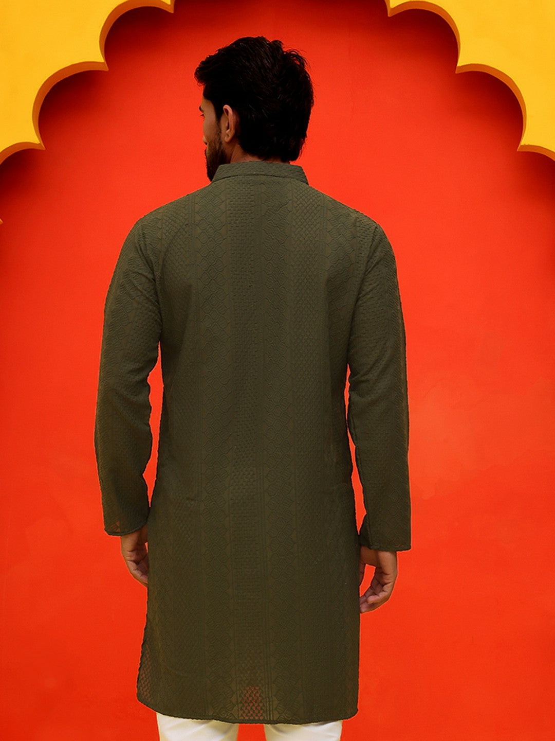 Men’s Olive Green Chikankari Kurta – Geometric Embroidery, Pure Cotton