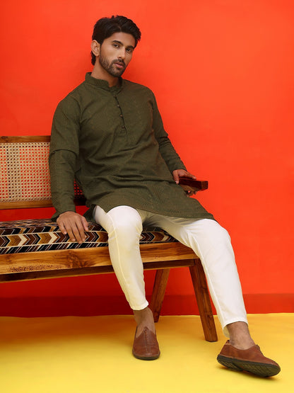 Men’s Olive Green Chikankari Kurta – Geometric Embroidery, Pure Cotton