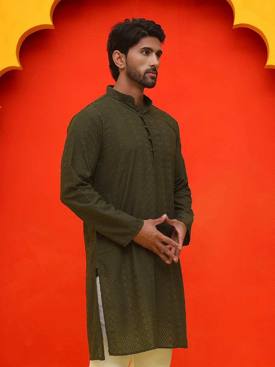 Men’s Olive Green Chikankari Kurta – Geometric Embroidery, Pure Cotton