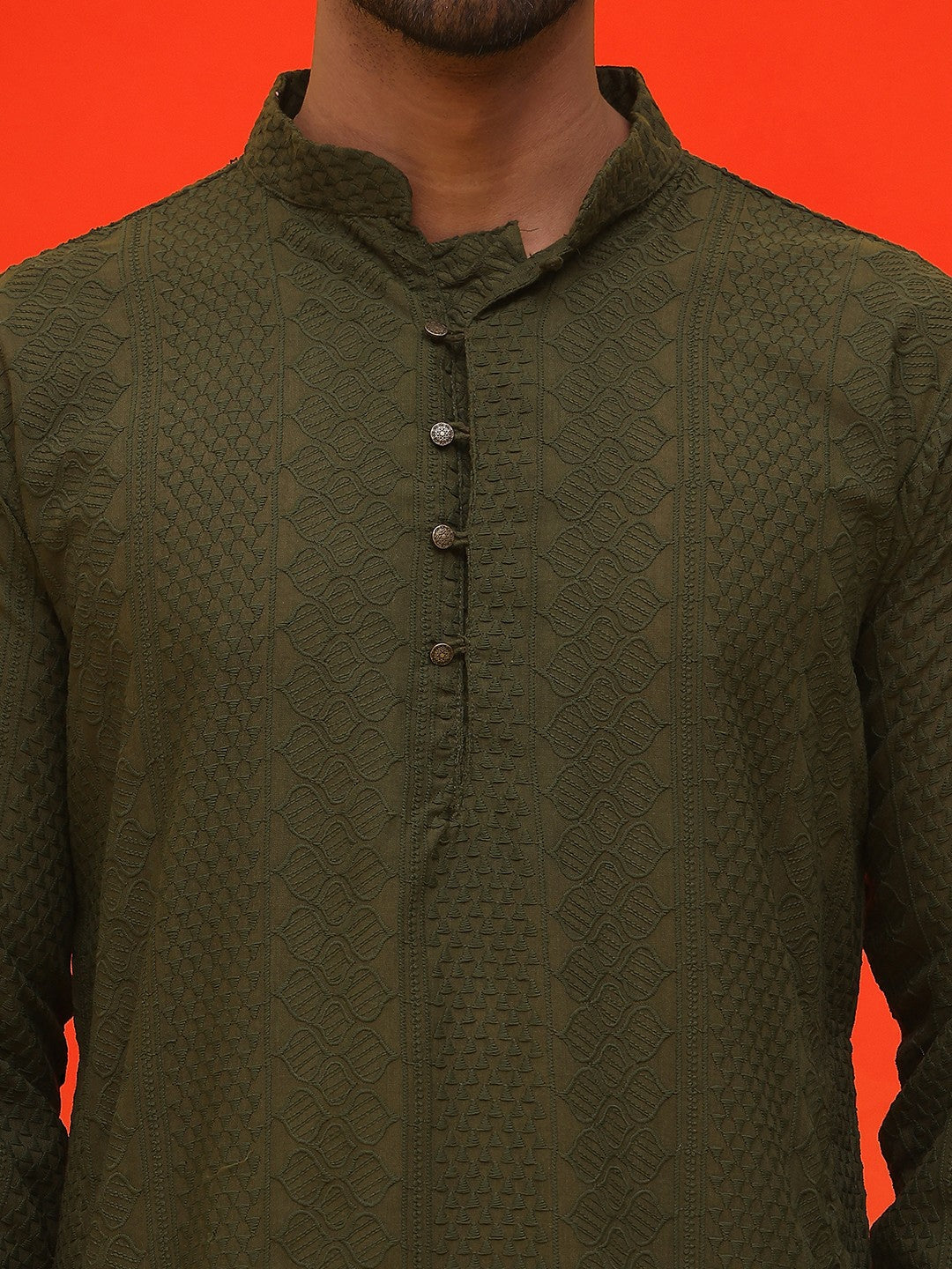 Men’s Olive Green Chikankari Kurta – Geometric Embroidery, Pure Cotton