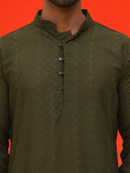 Men’s Olive Green Chikankari Kurta – Geometric Embroidery, Pure Cotton