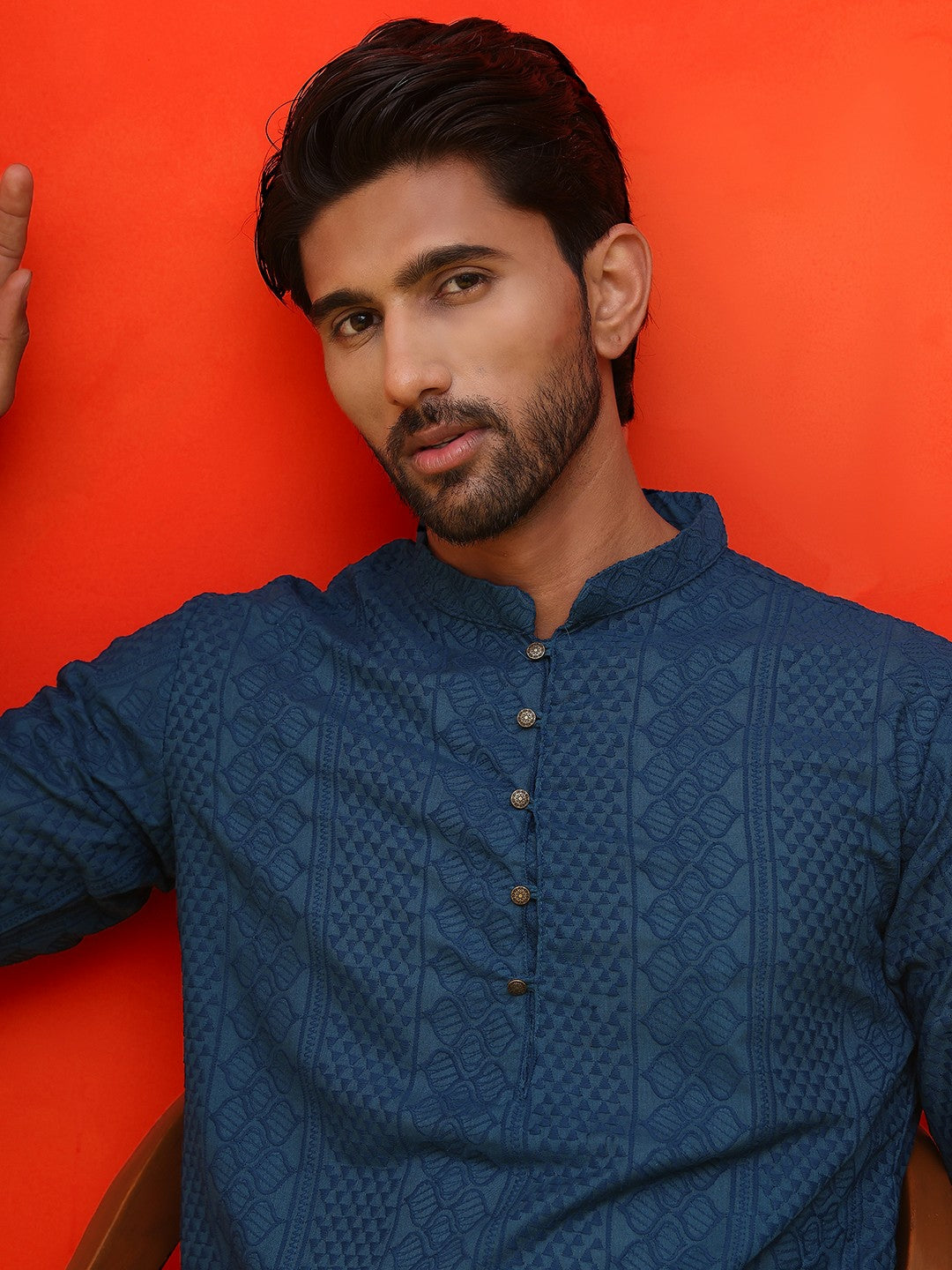 Men’s Teal Blue Chikankari Kurta – Geometric Embroidery, Pure Cotton