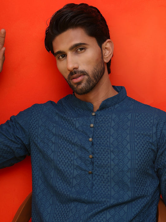 Men’s Teal Blue Chikankari Kurta – Geometric Embroidery, Pure Cotton