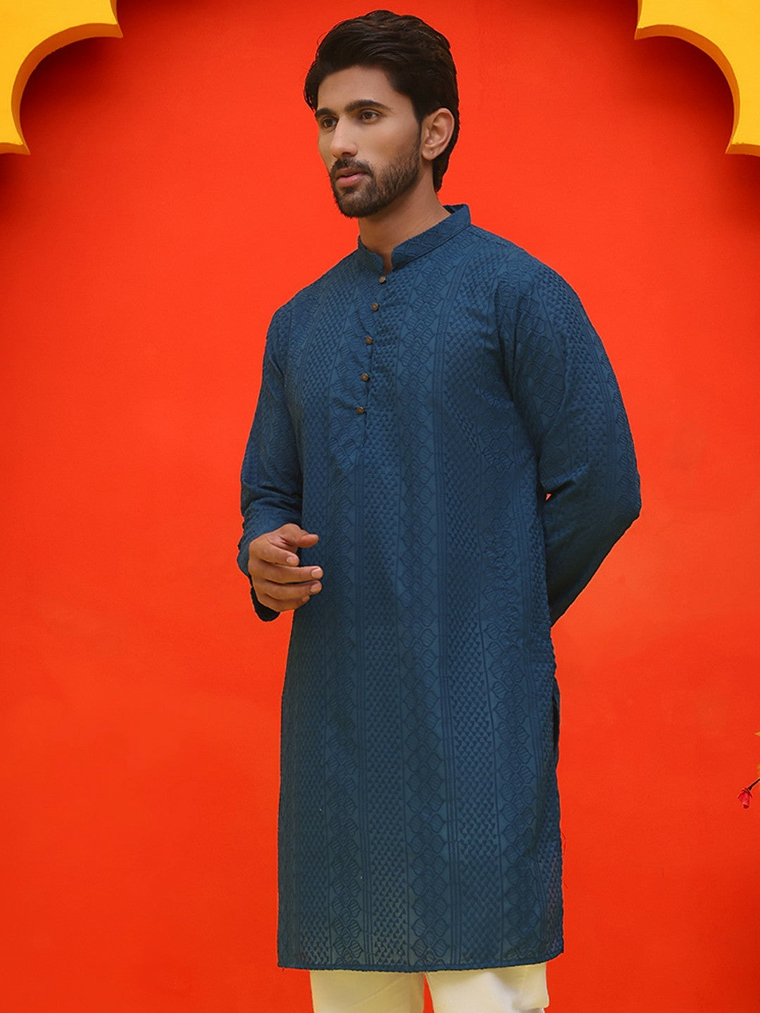 Men’s Teal Blue Chikankari Kurta – Geometric Embroidery, Pure Cotton