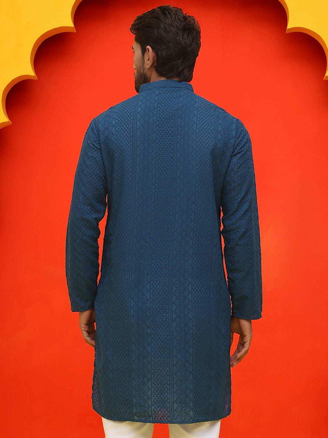 Men’s Teal Blue Chikankari Kurta – Geometric Embroidery, Pure Cotton