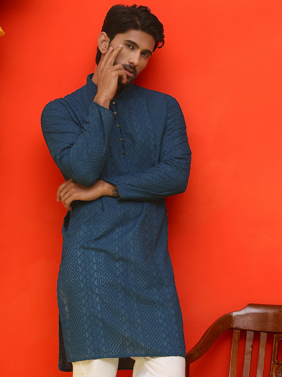 Men’s Teal Blue Chikankari Kurta – Geometric Embroidery, Pure Cotton