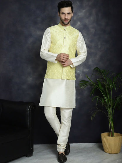 Men’s Yellow Embroidered Nehru Jacket – Sequinned Sleeveless Silk Blend Festive Wear