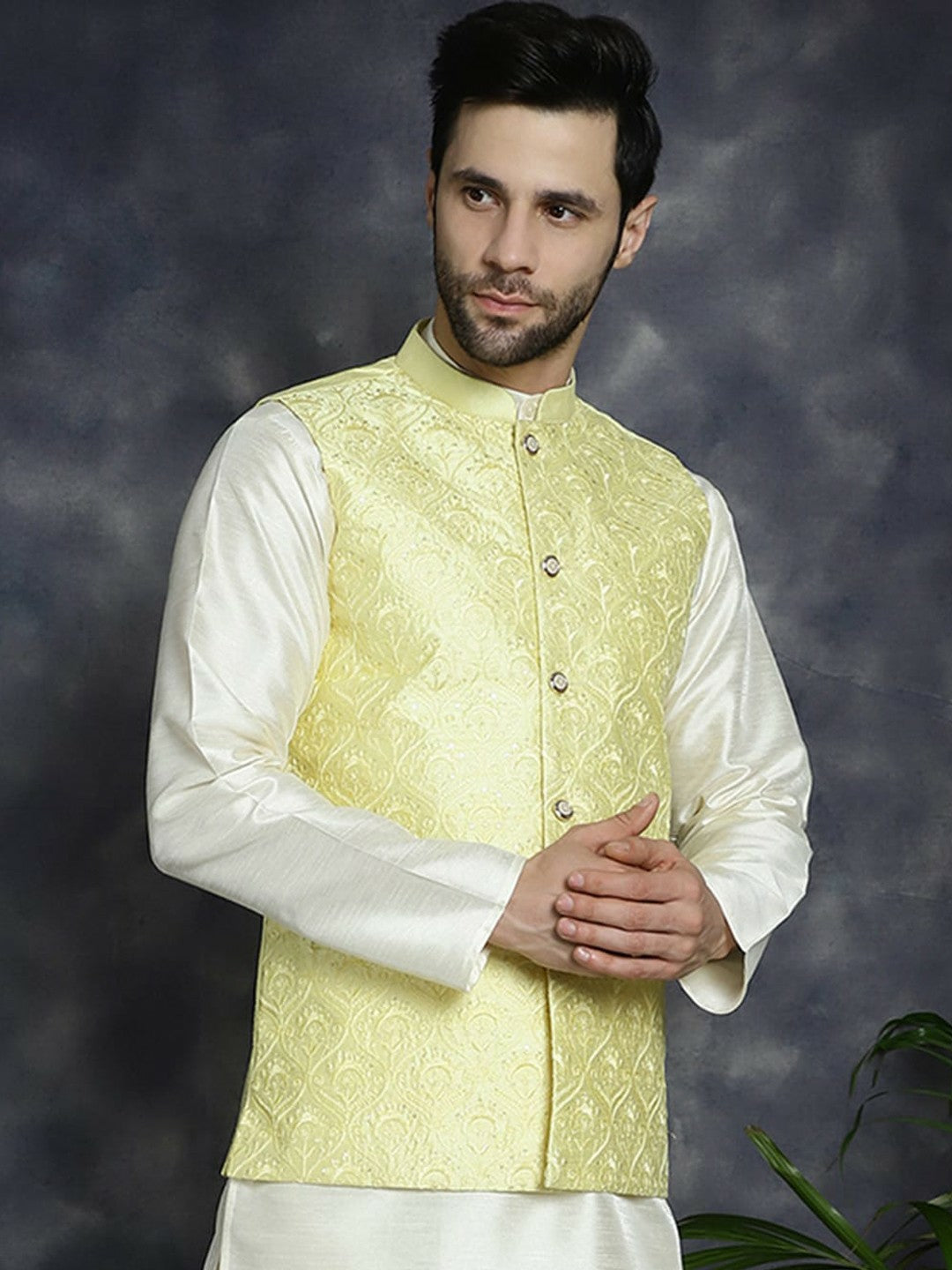 Men’s Yellow Embroidered Nehru Jacket – Sequinned Sleeveless Silk Blend Festive Wear
