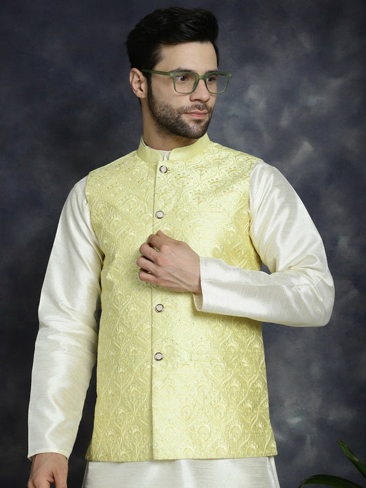 Men’s Yellow Embroidered Nehru Jacket – Sequinned Sleeveless Silk Blend Festive Wear