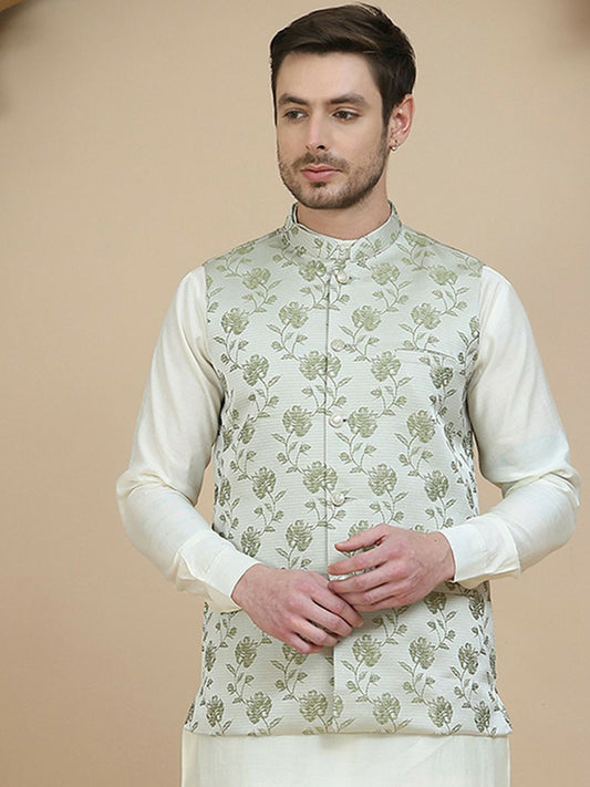 Green Printed Satin Nehru Jacket for Men | indiaista