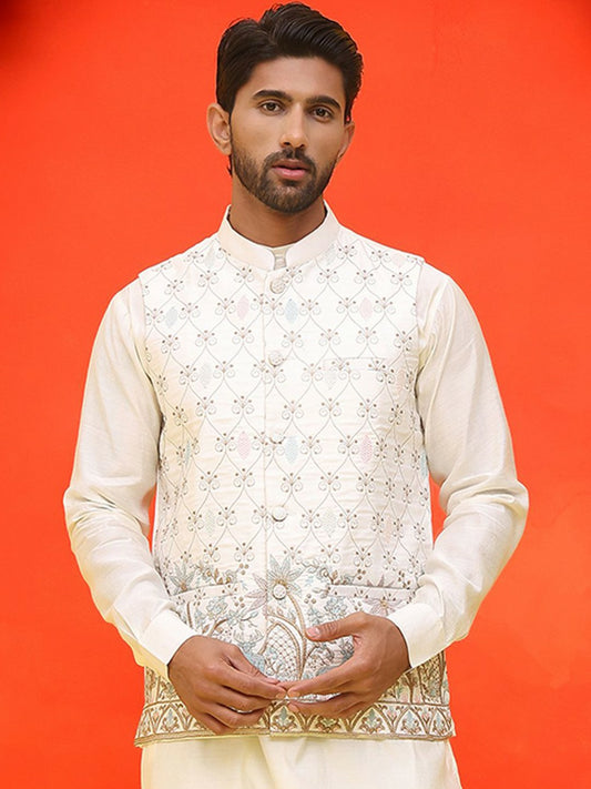 Men’s White Embroidered Velvet Nehru Jacket – Royal Sleeveless Vest