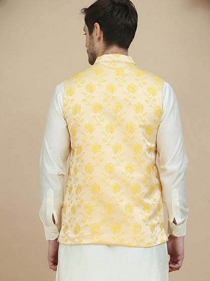 Yellow Embroidered Woven Satin Nehru Jacket for Men | indiaista