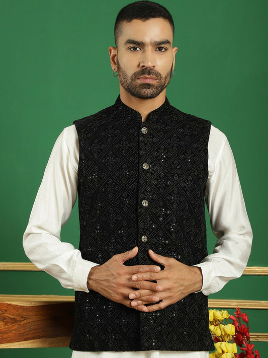 Men’s Black Embroidered Nehru Jacket – Viscose Rayon Sleeveless Vest