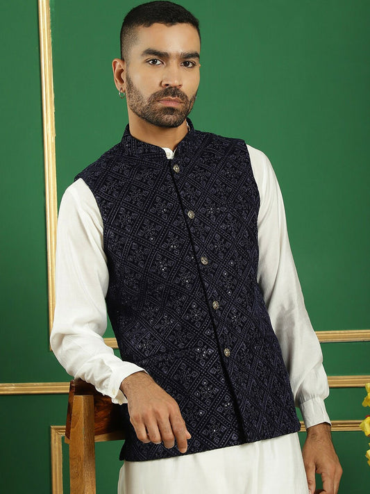 Men’s Navy Blue Embroidered Velvet Nehru Jacket – Regal Sleeveless Vest