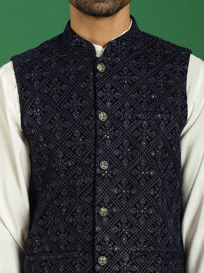 Men’s Navy Blue Embroidered Velvet Nehru Jacket – Regal Sleeveless Vest