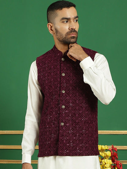 Men’s Burgundy Sequin Embroidered Nehru Jacket – Velvet Festive Vest