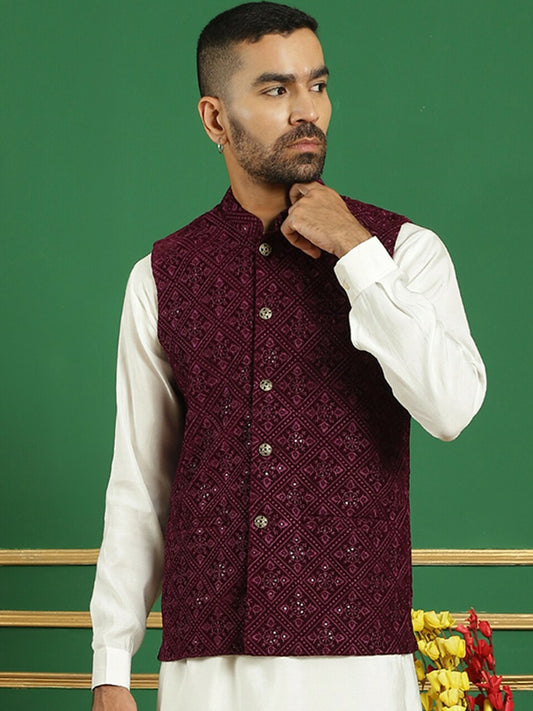Men’s Burgundy Sequin Embroidered Nehru Jacket – Velvet Festive Vest