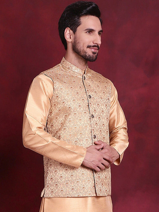 Men’s Cream & Gold Nehru Jacket – Silk Blend Ethnic Sleeveless Vest