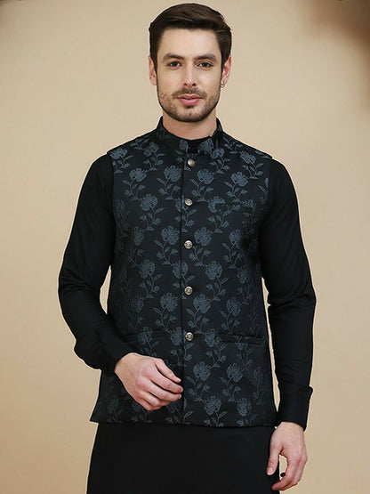 Black Floral-Embossed Cotton Linen Nehru Jacket for Men | indiaista