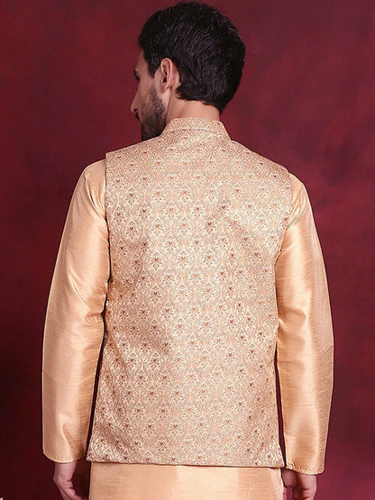 Men’s Cream & Gold Nehru Jacket – Silk Blend Ethnic Sleeveless Vest