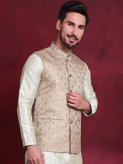 Men’s Gold & Green Woven Nehru Jacket – Silk Blend Festive Vest