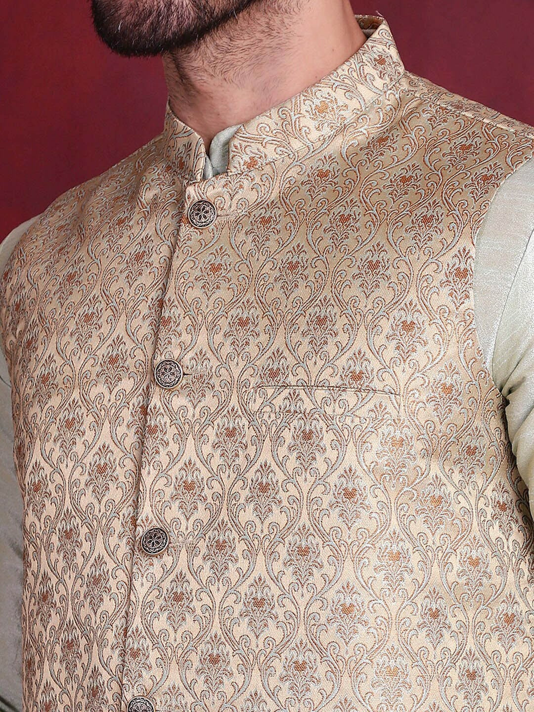 Men’s Gold & Green Woven Nehru Jacket – Silk Blend Festive Vest