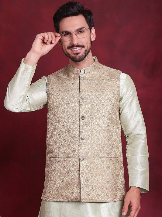 Men’s Gold & Green Woven Nehru Jacket – Silk Blend Festive Vest