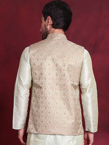 Men’s Gold & Green Woven Nehru Jacket – Silk Blend Festive Vest