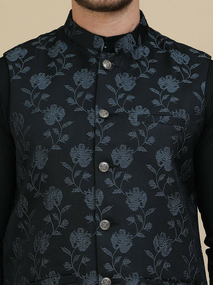 Black Floral-Embossed Cotton Linen Nehru Jacket for Men | indiaista
