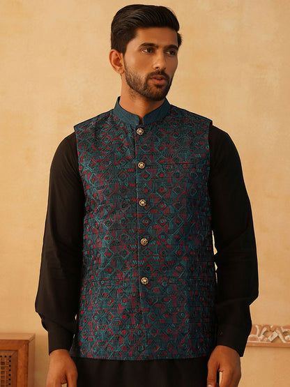 Men’s Teal & Red Embroidered Nehru Jacket – Silk Cotton Festive Vest