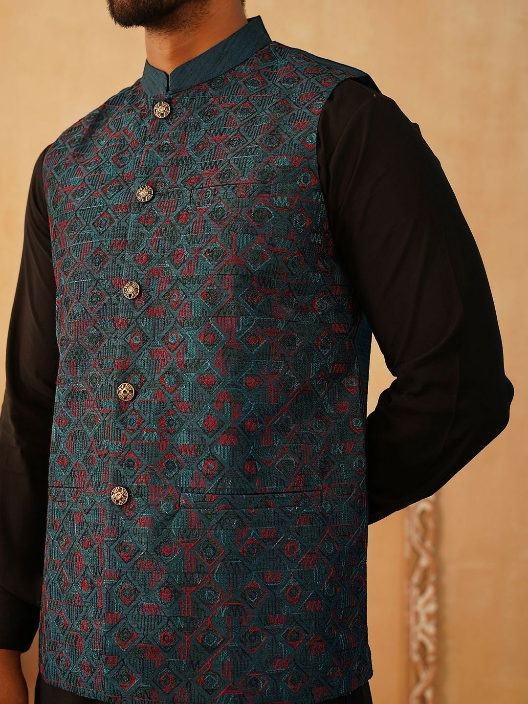 Men’s Teal & Red Embroidered Nehru Jacket – Silk Cotton Festive Vest