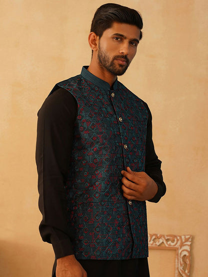 Men’s Teal & Red Embroidered Nehru Jacket – Silk Cotton Festive Vest