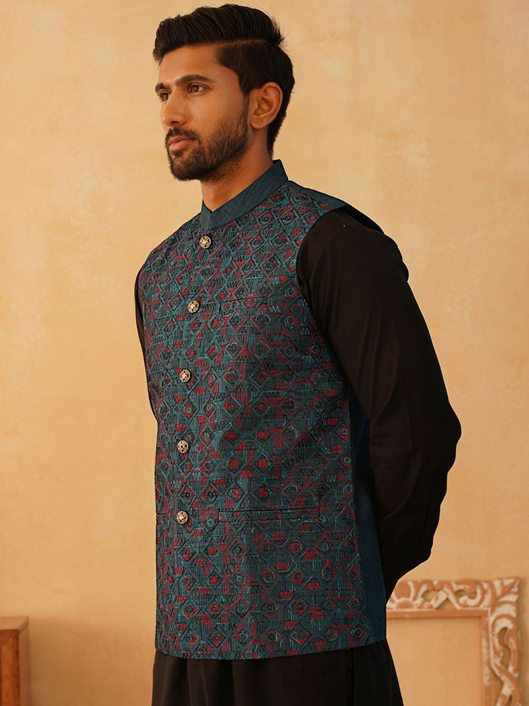 Men’s Teal & Red Embroidered Nehru Jacket – Silk Cotton Festive Vest