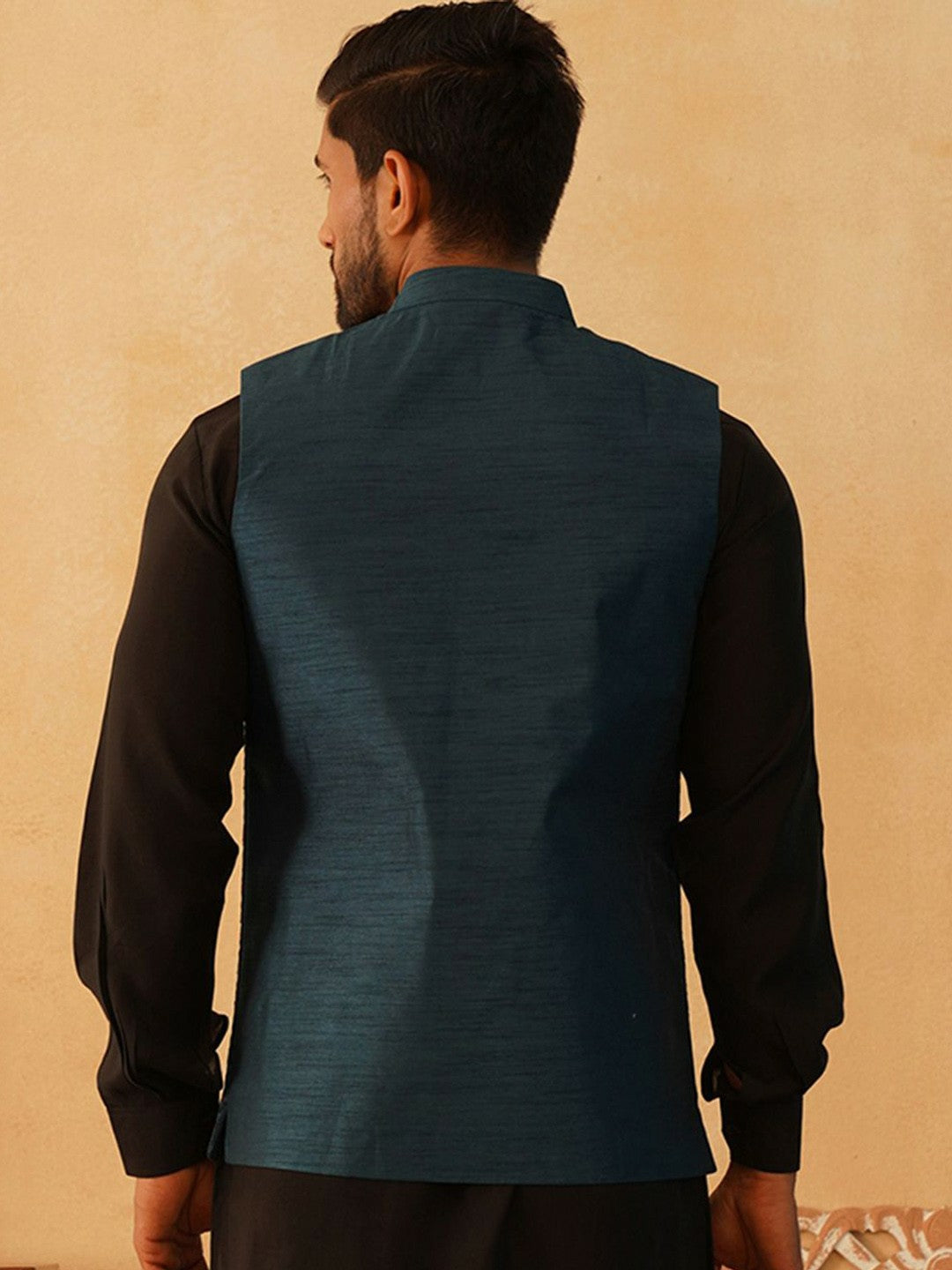 Men’s Teal & Red Embroidered Nehru Jacket – Silk Cotton Festive Vest