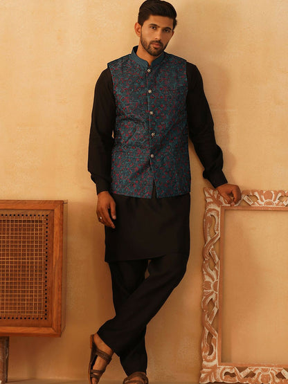Men’s Teal & Red Embroidered Nehru Jacket – Silk Cotton Festive Vest