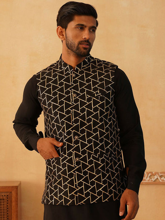 Men’s Black Satin Nehru Jacket – Embroidered Silk Blend Sleeveless Vest