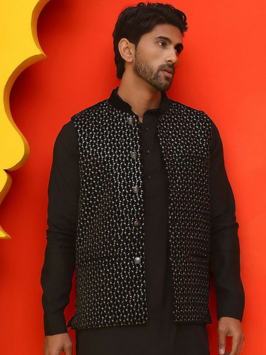 Men’s Black Embroidered Velvet Nehru Jacket – Sleeveless Ethnic Layer