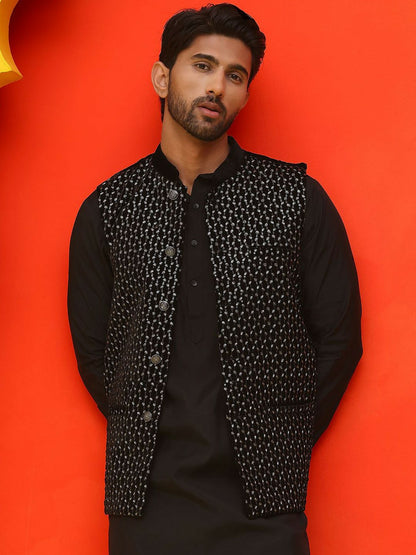 Men’s Black Embroidered Velvet Nehru Jacket – Sleeveless Ethnic Layer