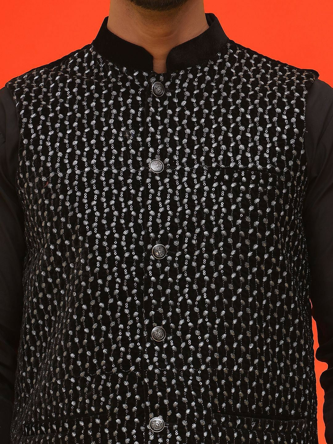 Men’s Black Embroidered Velvet Nehru Jacket – Sleeveless Ethnic Layer