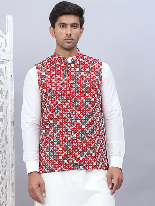 Men’s Maroon Embroidered Nehru Jacket – Sleeveless Viscose Festive Wear