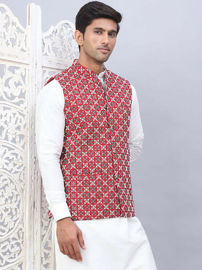 Men’s Maroon Embroidered Nehru Jacket – Sleeveless Viscose Festive Wear