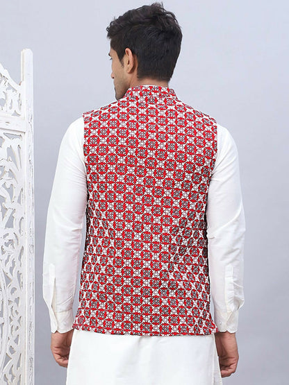 Men’s Maroon Embroidered Nehru Jacket – Sleeveless Viscose Festive Wear