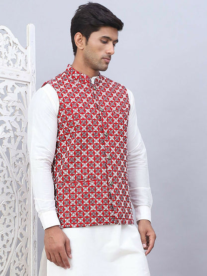 Men’s Maroon Embroidered Nehru Jacket – Sleeveless Viscose Festive Wear