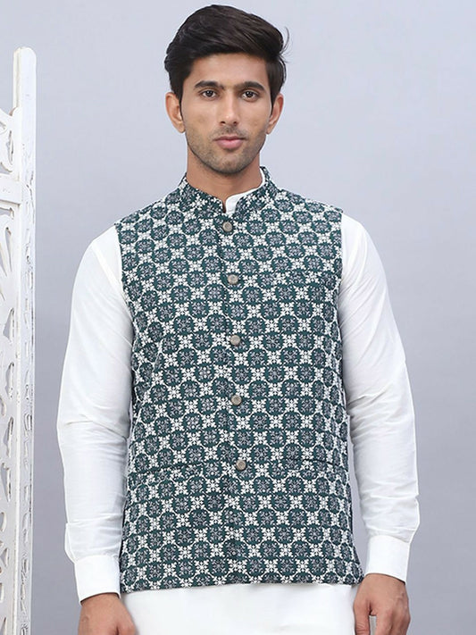Men’s Olive Green Embroidered Nehru Jacket – Sleeveless Viscose Ethnic Vest