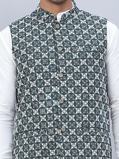 Men’s Olive Green Embroidered Nehru Jacket – Sleeveless Viscose Ethnic Vest