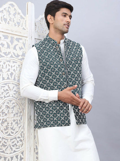 Men’s Olive Green Embroidered Nehru Jacket – Sleeveless Viscose Ethnic Vest