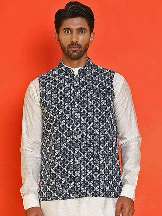 Men’s Blue & White Embroidered Nehru Jacket – Sleeveless Viscose Layer