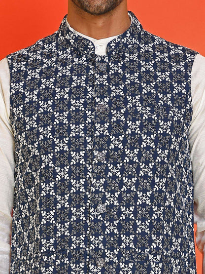 Men’s Blue & White Embroidered Nehru Jacket – Sleeveless Viscose Layer